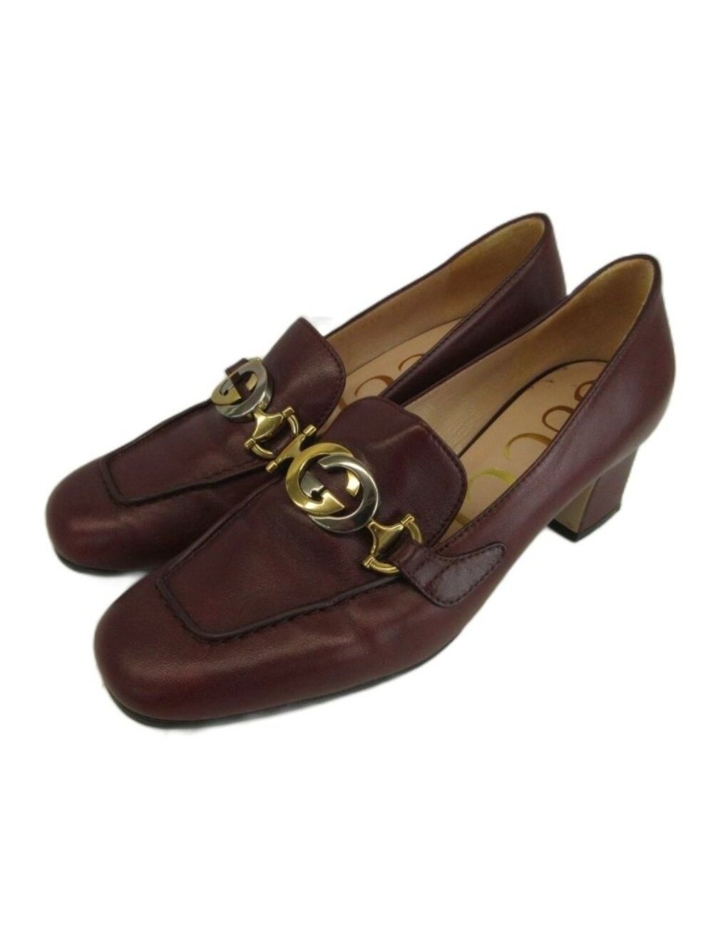Gucci Zumi Mid Heels Leather Loafers Pumps Square Toe Interlocking G GG